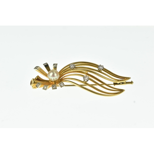 55 - A diamond and cultured pearl 18ct gold spray brooch, the central round cultured pearl surrounded by ... 