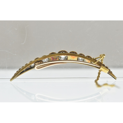 9 - A late Victorian diamond and pearl yellow gold crescent brooch, set with graduated old-cut diamonds ... 
