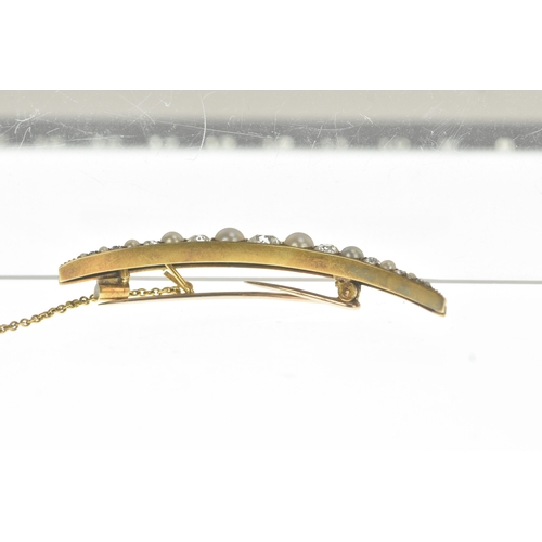 9 - A late Victorian diamond and pearl yellow gold crescent brooch, set with graduated old-cut diamonds ... 