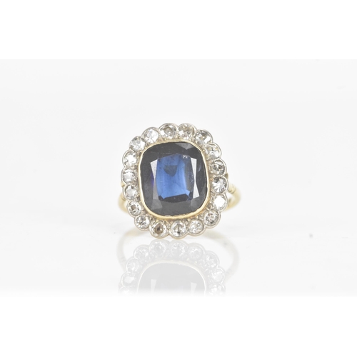 20A - An early 20th century synthetic sapphire and diamond 18ct gold cluster ring, the central cushion-cut... 