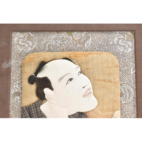 51 - A pair of Japanese Meiji Oshi-e textiles, depicting a gent by a table with a blue and white cup, and... 