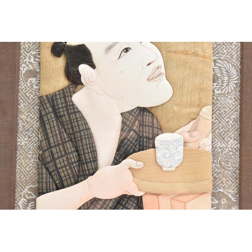 51 - A pair of Japanese Meiji Oshi-e textiles, depicting a gent by a table with a blue and white cup, and... 