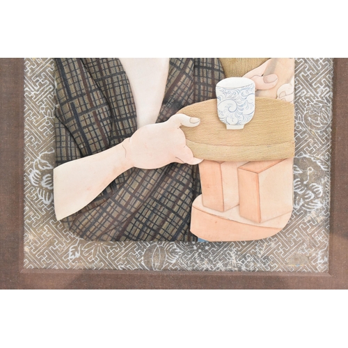 51 - A pair of Japanese Meiji Oshi-e textiles, depicting a gent by a table with a blue and white cup, and... 