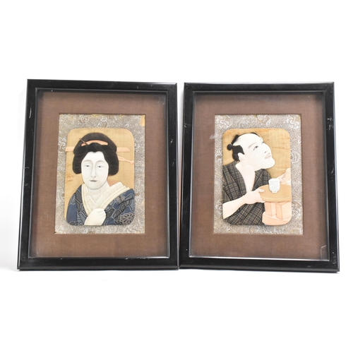 51 - A pair of Japanese Meiji Oshi-e textiles, depicting a gent by a table with a blue and white cup, and... 