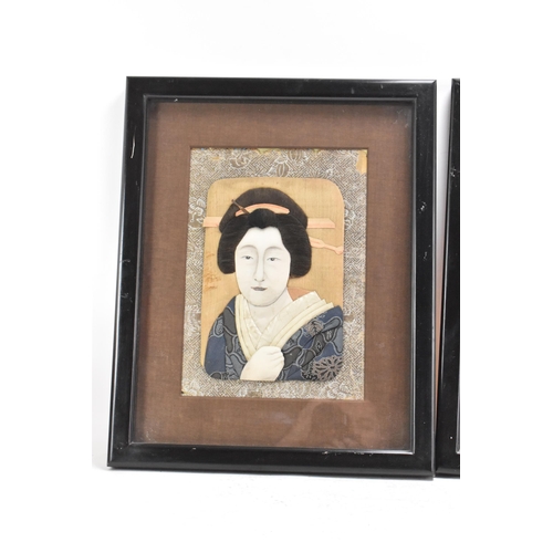 51 - A pair of Japanese Meiji Oshi-e textiles, depicting a gent by a table with a blue and white cup, and... 