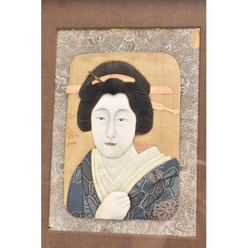 51 - A pair of Japanese Meiji Oshi-e textiles, depicting a gent by a table with a blue and white cup, and... 