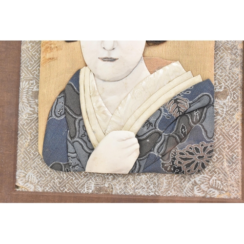 51 - A pair of Japanese Meiji Oshi-e textiles, depicting a gent by a table with a blue and white cup, and... 