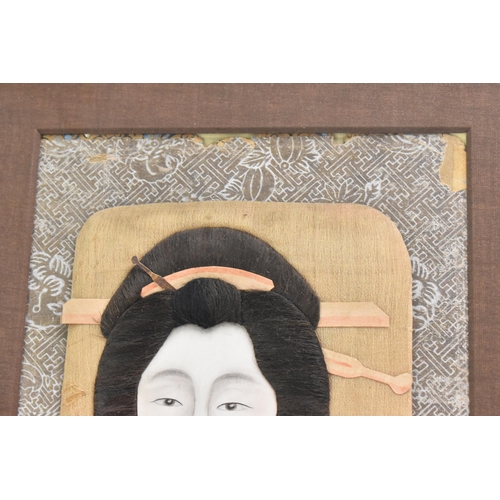51 - A pair of Japanese Meiji Oshi-e textiles, depicting a gent by a table with a blue and white cup, and... 