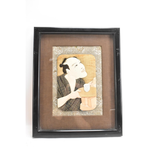 51 - A pair of Japanese Meiji Oshi-e textiles, depicting a gent by a table with a blue and white cup, and... 
