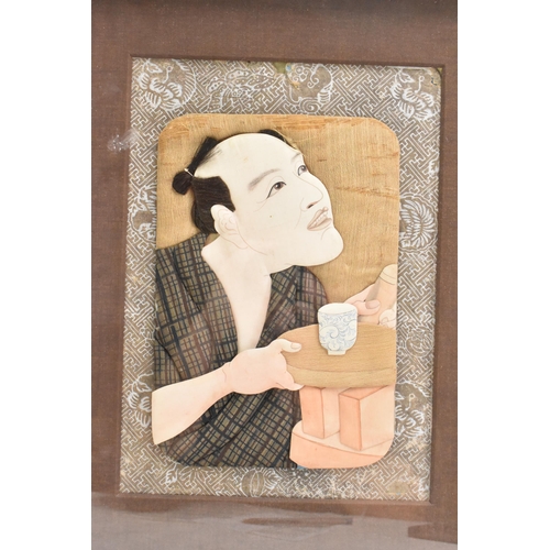 51 - A pair of Japanese Meiji Oshi-e textiles, depicting a gent by a table with a blue and white cup, and... 