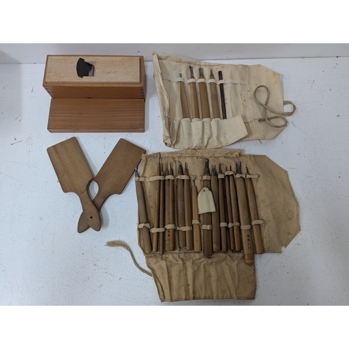 Two Japanese miniature chisel sets both in canvas bags, and other items ...