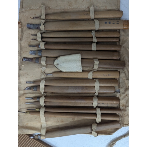 Two Japanese miniature chisel sets both in canvas bags, and other items ...