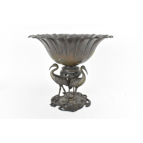 18 - A Japanese bronze bowl / incense burner with crane supports, Meiji period (1868–1912), the flaring l... 