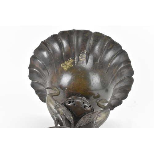 18 - A Japanese bronze bowl / incense burner with crane supports, Meiji period (1868–1912), the flaring l... 