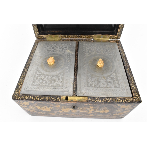 19 - A Chinese export lacquer tea caddy, 19th century, of rectangular form, decorated in gilt with figure... 
