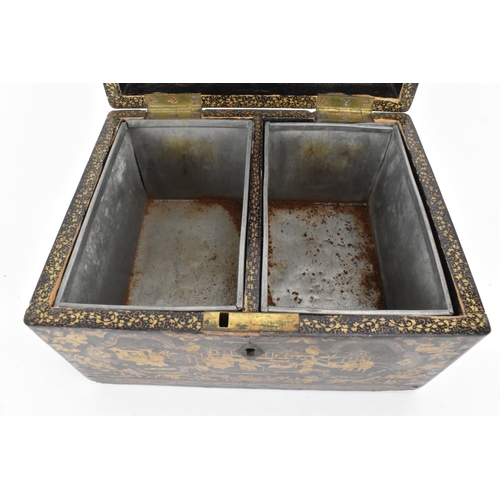 19 - A Chinese export lacquer tea caddy, 19th century, of rectangular form, decorated in gilt with figure... 