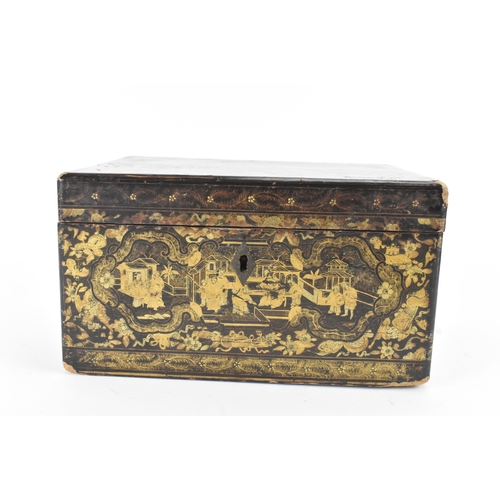 19 - A Chinese export lacquer tea caddy, 19th century, of rectangular form, decorated in gilt with figure... 