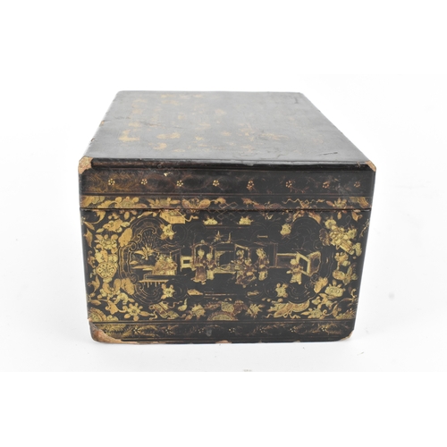 19 - A Chinese export lacquer tea caddy, 19th century, of rectangular form, decorated in gilt with figure... 