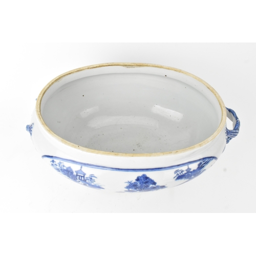 21 - A Chinese blue and white porcelain jardinière, Qing Dynasty, 19th century, of oval form with applied... 