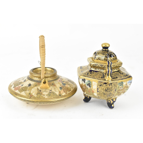 31 - Two Japanese Satsuma pieces, Meiji period, comprising a low circular teapot with woven wicker handle... 