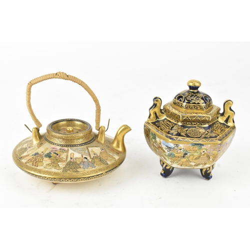 31 - Two Japanese Satsuma pieces, Meiji period, comprising a low circular teapot with woven wicker handle... 