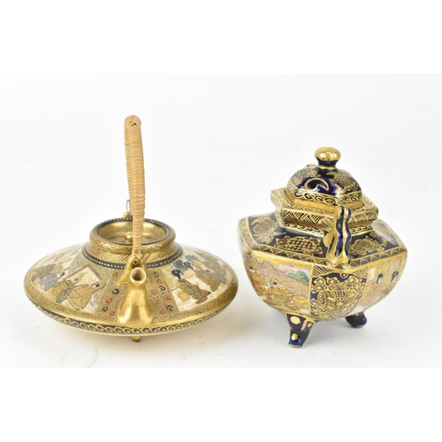 31 - Two Japanese Satsuma pieces, Meiji period, comprising a low circular teapot with woven wicker handle... 