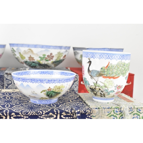36 - A selection of Chinese egg shell porcelain to include a famille rose millefleur bowl, tea bowl decor... 