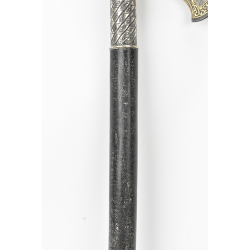 38 - A 19th century Indo-Persian 'tabarzin' saddle axe, the steel head decorated with a hunting scene dep... 