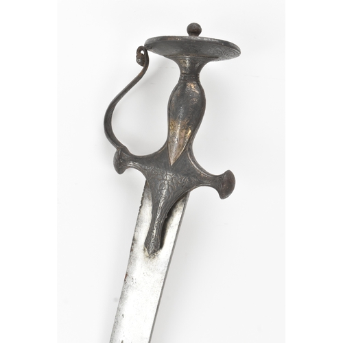 47 - A 19th century Indian tulwar sword, the curved single-edged steel blade with a disc pommel hilt, eng... 