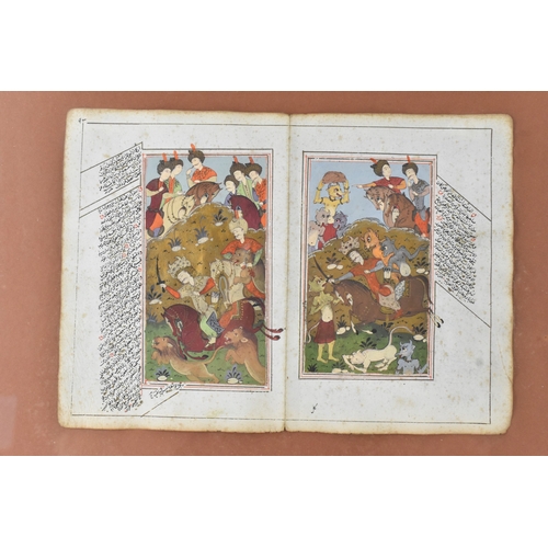 50 - A 19th century Persian manuscript double-page, gouache on paper, depicting battle scenes with horsem... 