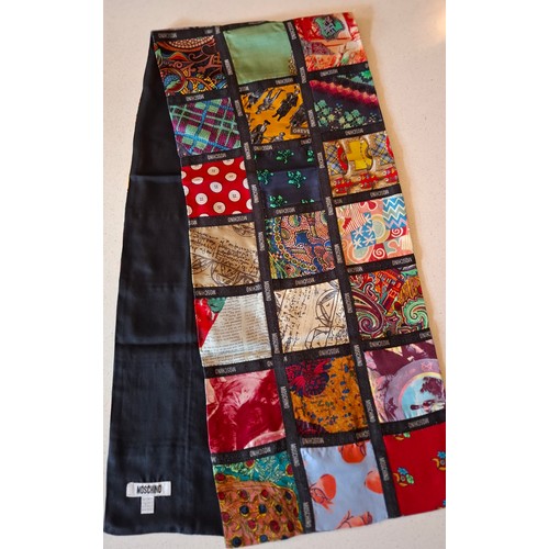 35 - Mixed fashion accessories to include a Moschino patchwork silk scarf with designer name to black bor... 