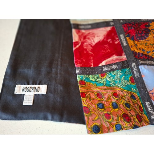 35 - Mixed fashion accessories to include a Moschino patchwork silk scarf with designer name to black bor... 
