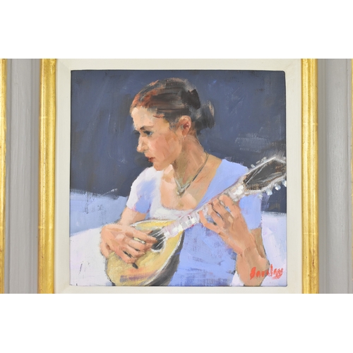 14 - Muriel Barclay (20th century) An oil on canvas depicting a woman with mandolin, signed Barclay lower... 
