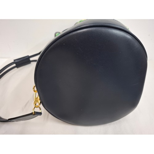 2 - Gucci- A drawstring flora bucket bag having navy leather trim and handles, gold tone hardware, seria... 
