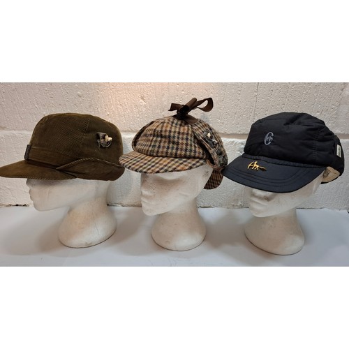 60 - Vintage hunting and deerstalker hats to include a German Terzel green cord hat with 2 hunting relate... 