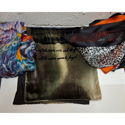 35 - Mixed fashion accessories to include a Moschino patchwork silk scarf with designer name to black bor... 