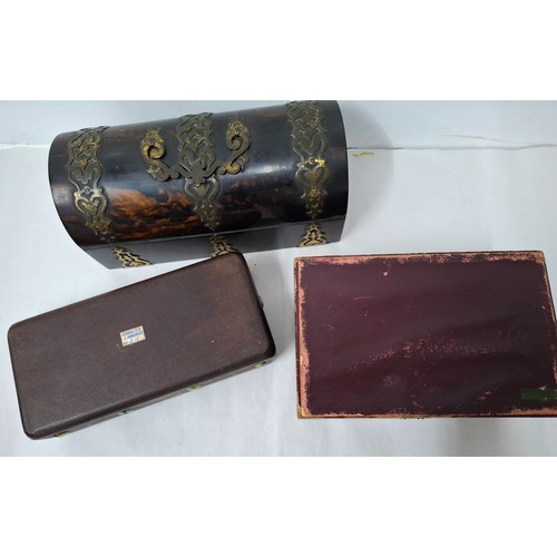 39 - Three boxes comprising a Victorian domed coromandel jewellery box having a cream water silk lining a... 