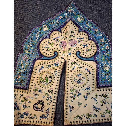 18 - A Chinese Qing Dynasty robe border in cream and blue silk depicting embroidered images of birds, flo... 