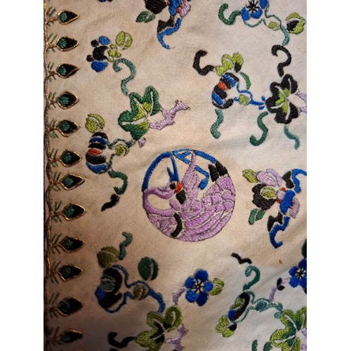 18 - A Chinese Qing Dynasty robe border in cream and blue silk depicting embroidered images of birds, flo... 