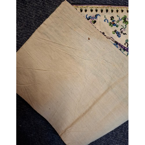 18 - A Chinese Qing Dynasty robe border in cream and blue silk depicting embroidered images of birds, flo... 