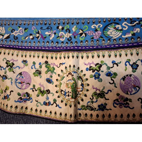 18 - A Chinese Qing Dynasty robe border in cream and blue silk depicting embroidered images of birds, flo... 