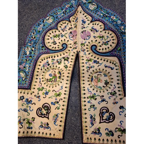 18 - A Chinese Qing Dynasty robe border in cream and blue silk depicting embroidered images of birds, flo... 