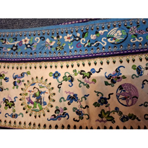 18 - A Chinese Qing Dynasty robe border in cream and blue silk depicting embroidered images of birds, flo... 