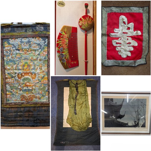 Eastern decorative items to include a cloth and paper scroll, an ...