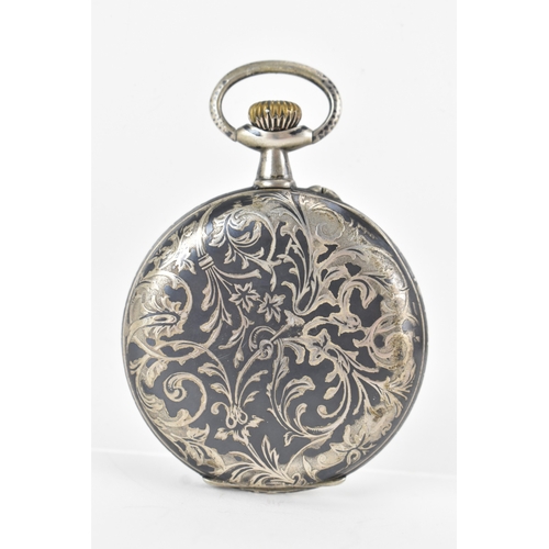 23 - A late 19th century continental silver and niello open face pocket watch, the white enamel dial with... 