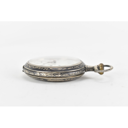 23 - A late 19th century continental silver and niello open face pocket watch, the white enamel dial with... 