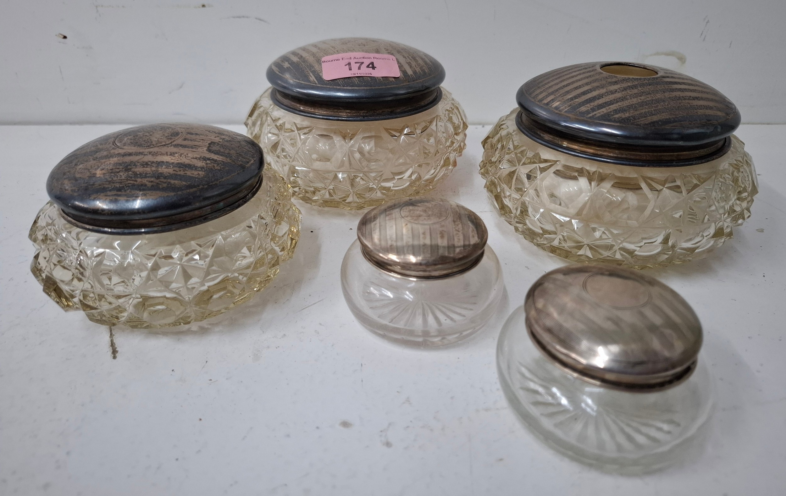 Five silver topped glass dressing table pots, silver weight 79g ...