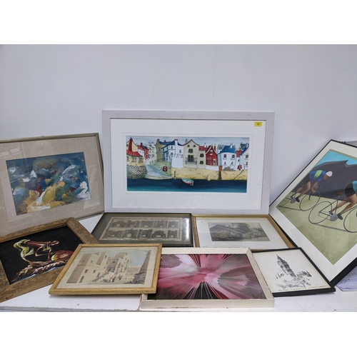 341 - A mixed quantity of pictures to include a Catherine J Stephenson print of a jetty and sea front hous... 
