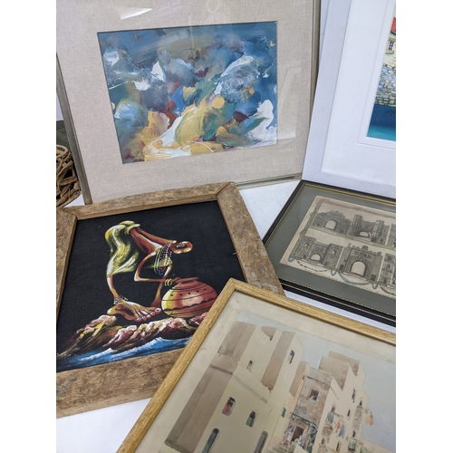 341 - A mixed quantity of pictures to include a Catherine J Stephenson print of a jetty and sea front hous... 