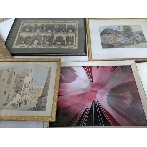 341 - A mixed quantity of pictures to include a Catherine J Stephenson print of a jetty and sea front hous... 